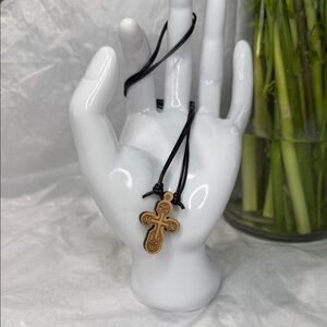 Wooden Cross Pendant Necklace on Black Cord